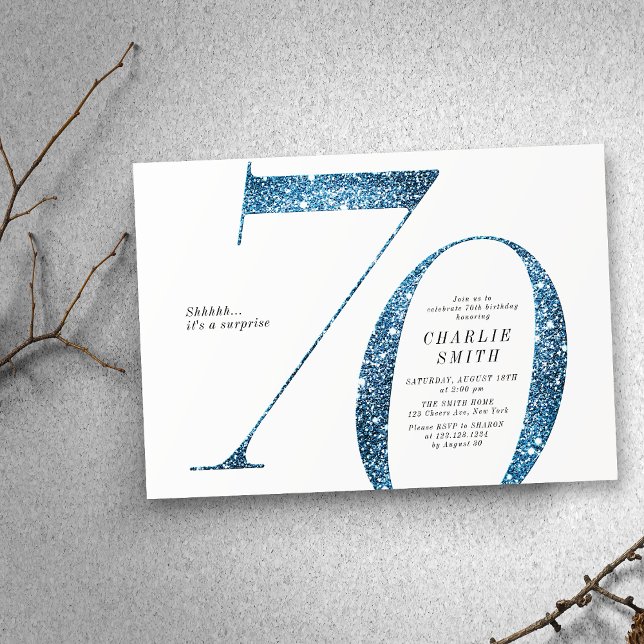 Invitation Parties scintillant minimaliste moderne faux bleu  (Modern minimalist faux blue glitter 70th birthday invitation)