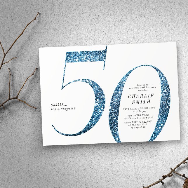 Invitation Parties scintillant minimaliste moderne faux bleu  (Modern minimalist faux blue glitter 50th birthday invitation)