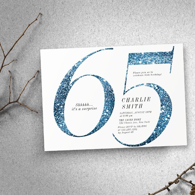 Invitation Parties scintillant minimaliste moderne faux bleu  (Modern minimalist faux blue glitter 65th birthday invitation)