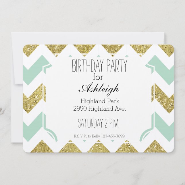 Invitation Parties scintillant Mint et Gold Faux Chevron anni (Devant)