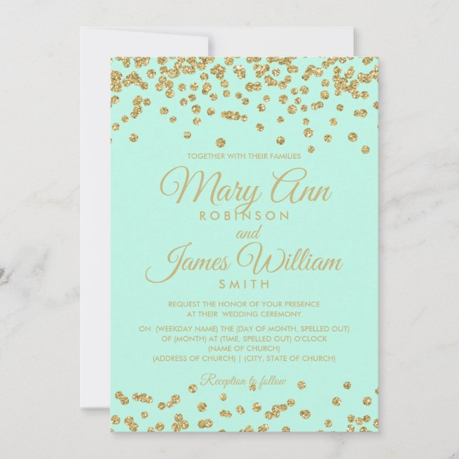 Invitation Parties scintillant Mint & Gold Faux Confetti Mari (Devant)