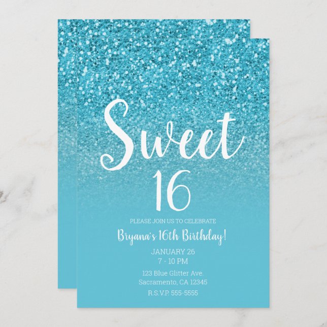 Invitation Parties scintillant moderne Aqua Blue Glam Sweet 1 (Devant / Derrière)