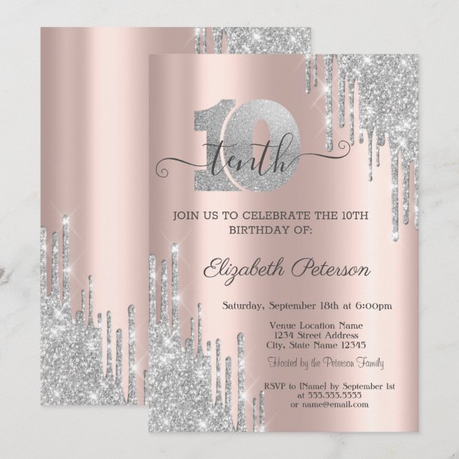 Invitation Parties scintillant moderne argent gouttes 10e ann (Devant / Derrière)