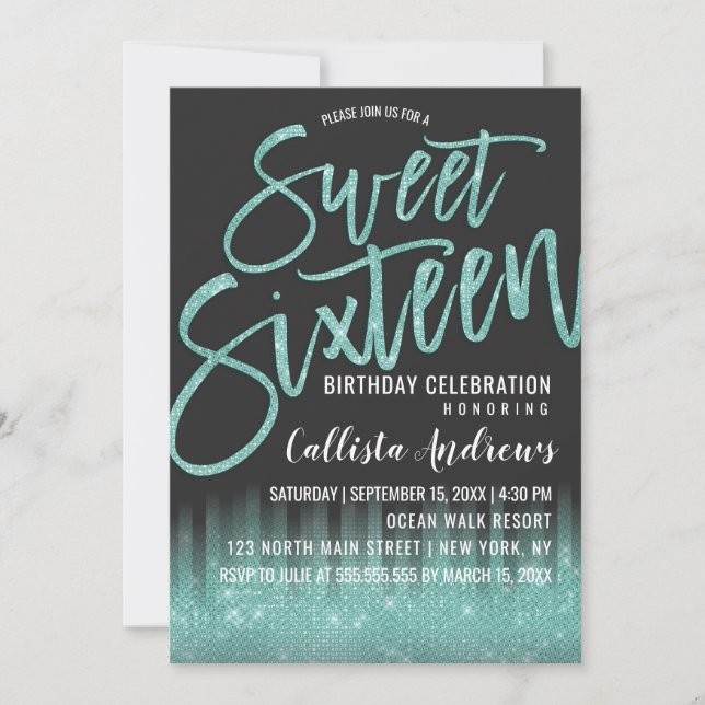 Invitation Parties scintillant moderne Black Aqua Typographie (Devant)