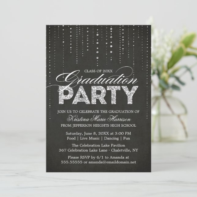 Invitation Parties scintillant moderne Black & Silver Graduat (Debout devant)
