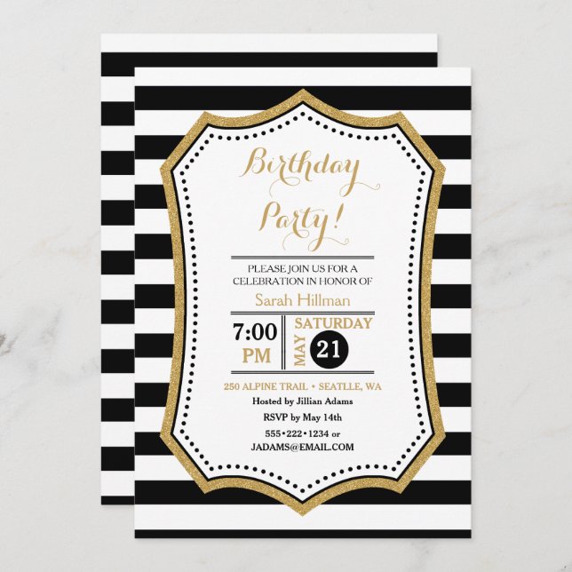 Invitation Parties scintillant moderne Black White Gold (Devant / Derrière)