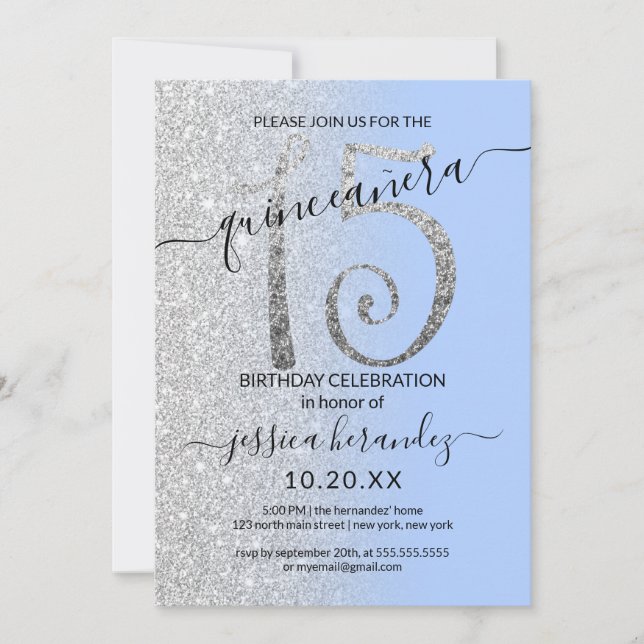 Invitation Parties scintillant moderne bleu argent Ombre Quin (Devant)