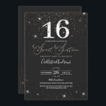 Invitation Parties scintillant moderne brillante noire Confet<br><div class="desc">Cette invitation à fêter un sweet sixteen moderne, joli et élégant est parfaite pour un événement élégant. Il présente un confetti de parties scintillant noir brillant imbriqué, parsemé en haut et en bas, de parties scintillant blanche, de "Sweet sixteen", typographie qui repose sur un simple arrière - plan noir. C'est...</div>