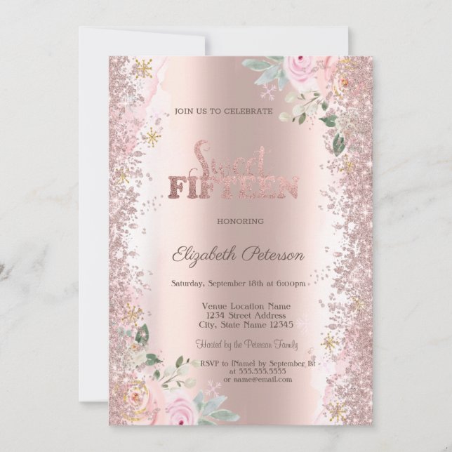 Invitation Parties scintillant moderne Confetti Rose Roses or (Devant)