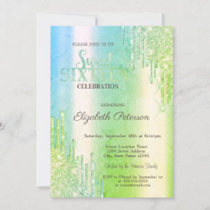 Invitation Parties scintillant moderne Drips Green Sweet 16