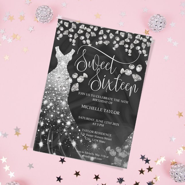 Invitation Parties scintillant moderne en argent de poussin d (silver glitter diamond dress birthday invitation
)