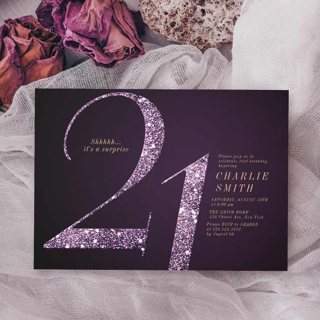 Invitation Parties scintillant moderne minimaliste violet 21e (Modern minimalist purple glitter 21st birthday invitation)