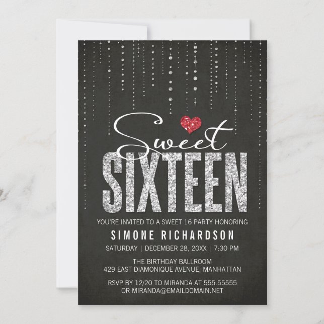 Invitation Parties scintillant moderne Noir Rouge & Argent Do (Devant)