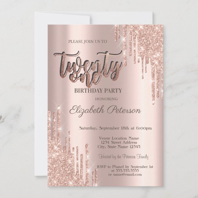 Invitation Parties scintillant moderne  Rose Gold 21e fête d' (Devant)