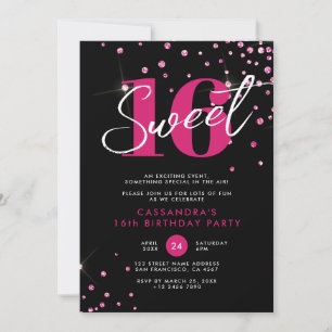 Invitation Parties scintillant moderne rose noir Sweet sixtee