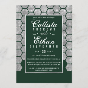 Invitation Parties scintillant moderne verte en argent Hexago