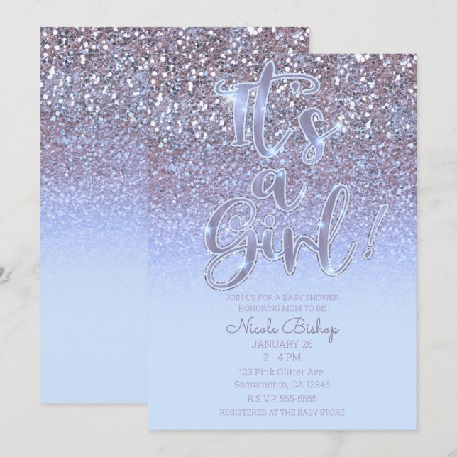 Invitation Parties scintillant moderne violet argent glam Bab (Devant / Derrière)