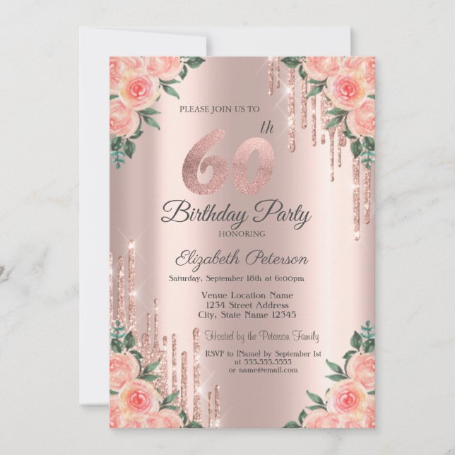 Invitation Parties scintillant modernes  Rose Floral Gold 60e (Devant)