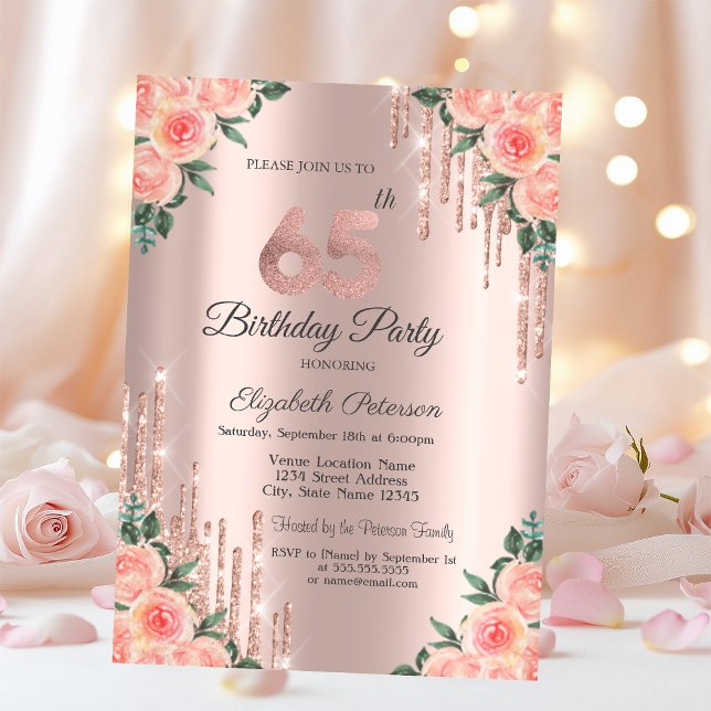 Invitation Parties scintillant modernes  Rose Floral Gold 65e (Créateur téléchargé)