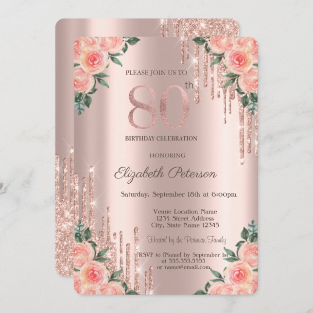 Invitation Parties scintillant modernes  Rose Floral Gold 80e (Devant / Derrière)