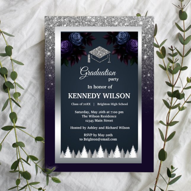 Invitation Parties scintillant Moody foncé Silver Navy Blue G (Dark Moody Glitter Silver Navy Blue Graduation Invitation #graduationinvitation #navybluesilver)