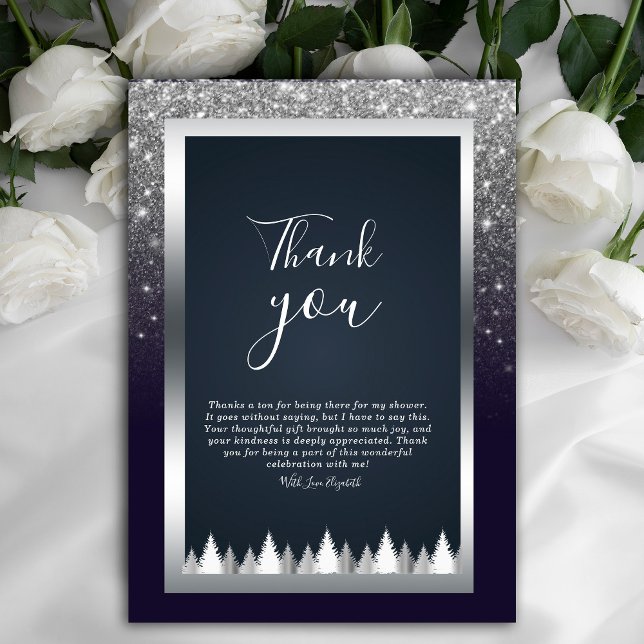 Invitation Parties scintillant Moody foncé Silver Navy Blue M (Dark and dramatic. Our navy blue, silver, and purple floral thank you card add a touch of mystery)