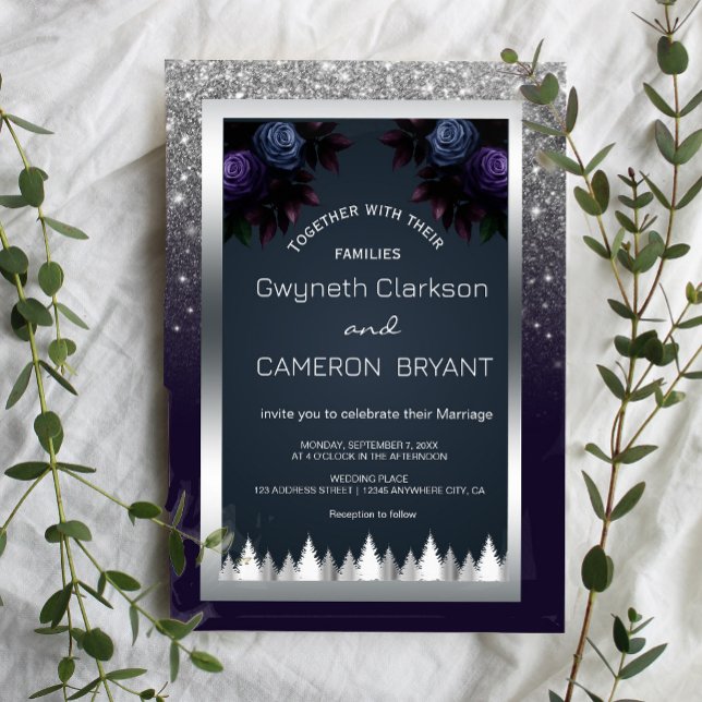 Invitation Parties scintillant Moody foncé Silver Navy Floral (Dark and dramatic. Our navy blue, silver, and purple floral invitations add a touch of mystery)