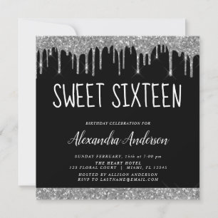 Invitation Parties scintillant noir d'argent Sweet sixteen an
