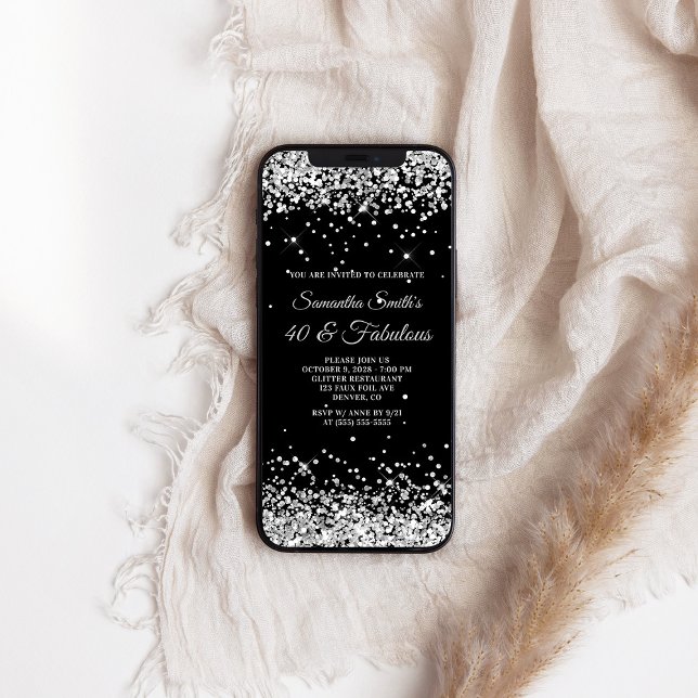 Invitation Parties scintillant Noir et Argent 40 et Fabulous (Black and Silver Glitter 40 and Fabulous Invitation)