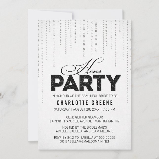 Invitation Parties scintillant noir et blanc Look Hens Party  (Devant)