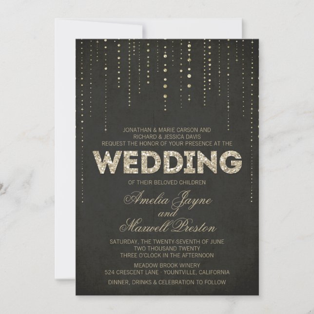 Invitation Parties scintillant noir et or Mariage (Devant)