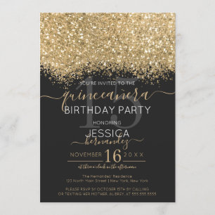 Invitation Parties scintillant Noir Or Luxe Confetti Quinceañ