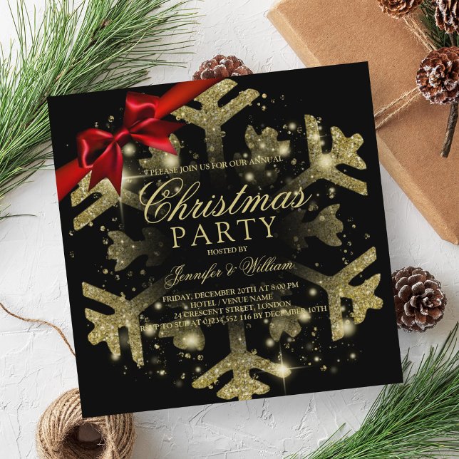 Invitation Parties scintillant Noir Or & Ruban | Fête de Noël (Gold Black Glitter & Ribbon | Xmas Holiday Party Invitation)