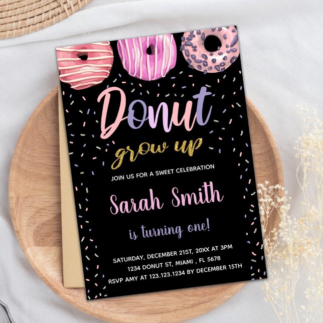 Invitation Parties scintillant Noir rose clair Donjon Anniver (Glitter Black Pink Light Donut Birthday Invitation)