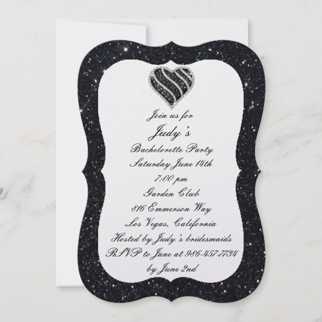 Invitation Parties scintillant noire Black Heart Bachelorette (Devant)