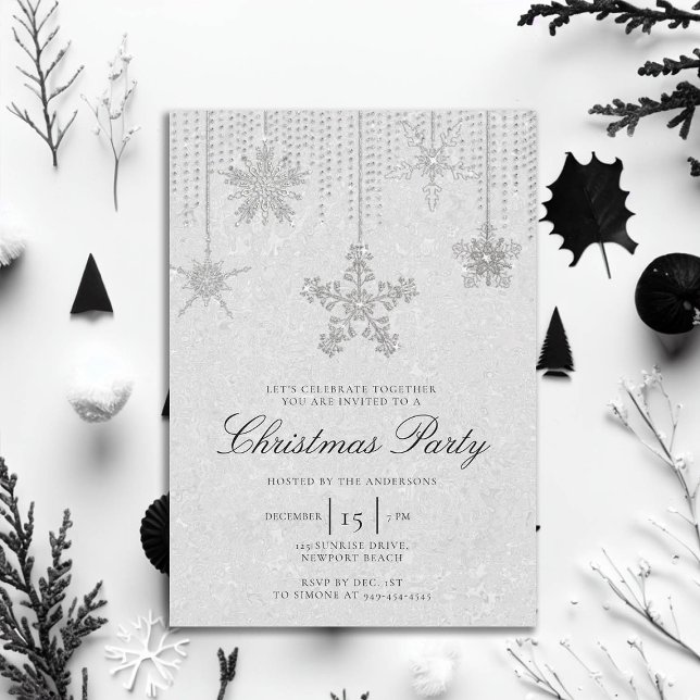 Invitation Parties scintillant noire blanche gouttelettes Sno (rhinestones glitter drips christmas party invitation elegant black white modern minimalist classy)