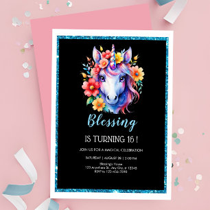 Invitation Parties scintillant noire chic unicorne anniversai