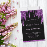 Invitation Parties scintillant noire d'anniversaire goutte vi<br><div class="desc">Une invitation à la fête d'anniversaire de 21e anniversaire, féminine et féminine (ou tout âge). Devant : Un arrière - plan noir chic. Décoré avec des gouttes de faux parties scintillant violet foncé, l'aspect de la peinture goutte à goutte. Personnalisez et ajoutez un nom et des détails du parti. Le...</div>