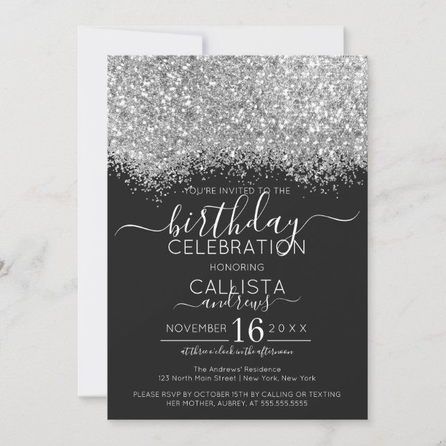 Invitation Parties scintillant Noire d'argent de luxe Confett (Devant)