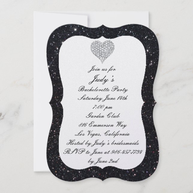 Invitation Parties scintillant noire Diamond Heart Bacheloret (Devant)