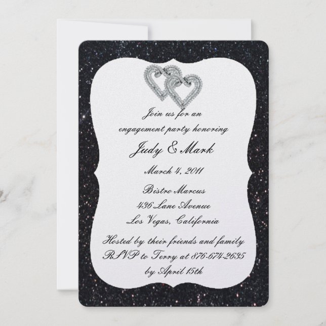 Invitation Parties scintillant noire Diamond Hearts Engagemen (Devant)