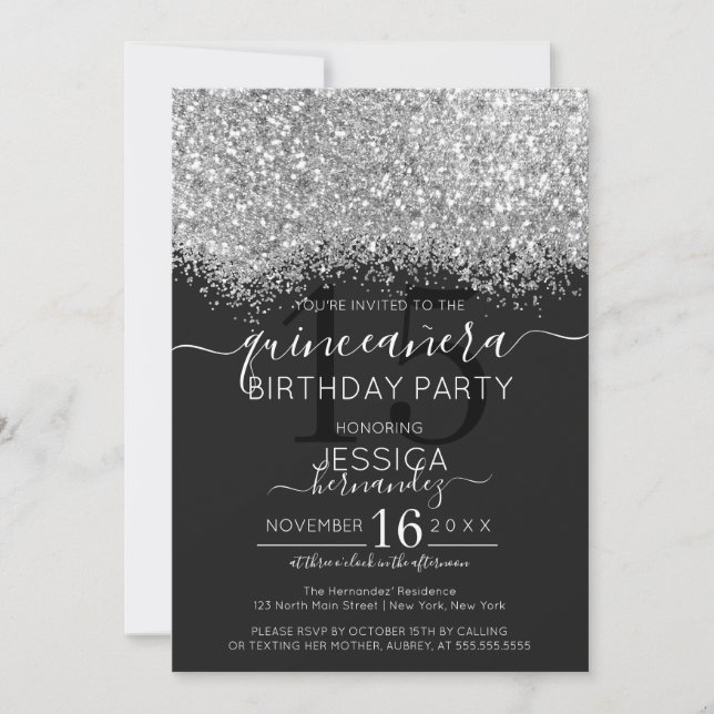 Invitation Parties scintillant noire en argent de luxe Confet (Devant)