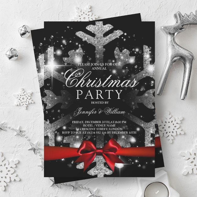 Invitation Parties scintillant noire en argent Flocon de neig (Silver Black Glitter Snowflake & Ribbon Xmas Party Invitation)