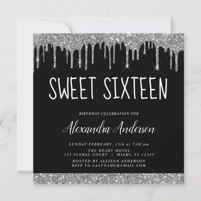 Invitation Parties scintillant noire en argent Sweet sixteen  (Devant)