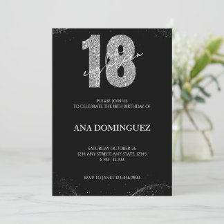Invitation Parties scintillant noire et argent 18e anniversai