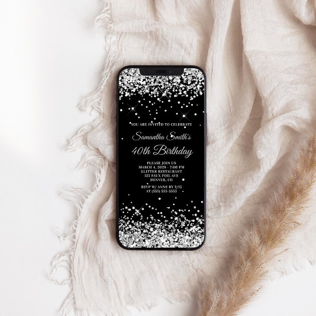 Invitation Parties scintillant noire et argent 40e anniversai (Black and Silver Glitter 40th Birthday Invitation)
