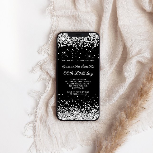 Invitation Parties scintillant noire et argent N'importe quel (Black and Silver Glitter Any Age Birthday Invitation)