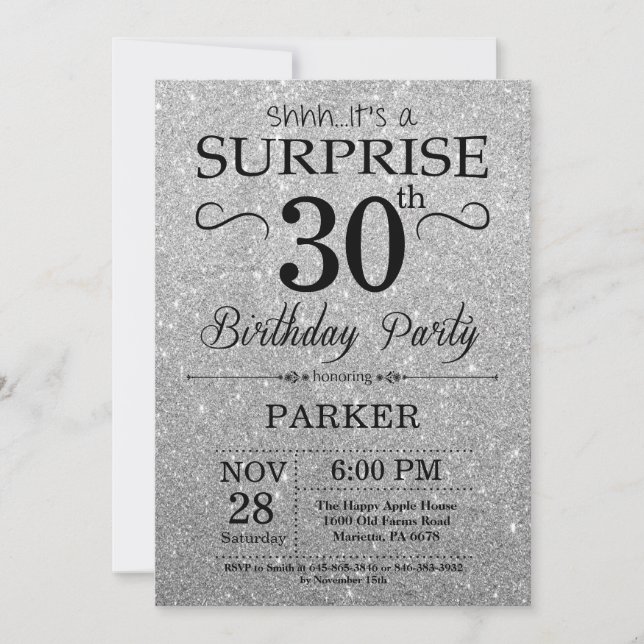 Invitation Parties scintillant noire et argent Surprise 30e a (Devant)