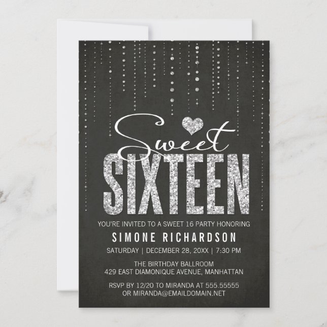 Invitation Parties scintillant noire et argent Sweet 16 (Devant)