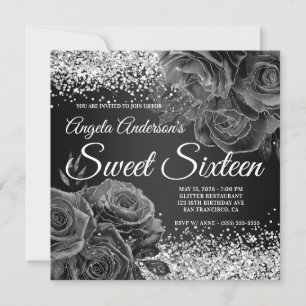 Invitation Parties scintillant noire et argentée Sweet sixtee